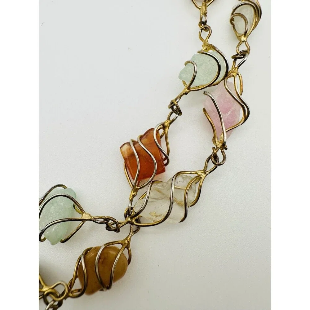 Vintage Beaded Necklace Caged Polished Gemstone Gold Tone 30”semiprecious Wire